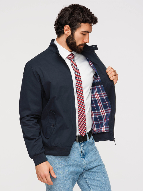 Ombre Clothing Pánska bunda Harrington so stojačekom a kockovanou podšívkou - tmavo modrá V2 OM-JANP-0326 Ombre Clothing