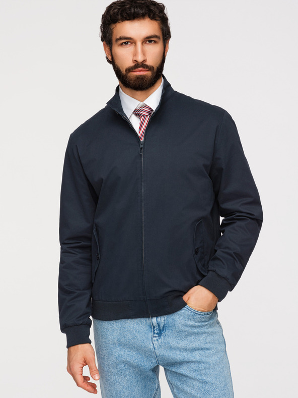 Ombre Clothing Pánska bunda Harrington so stojačekom a kockovanou podšívkou - tmavo modrá V2 OM-JANP-0326 Ombre Clothing