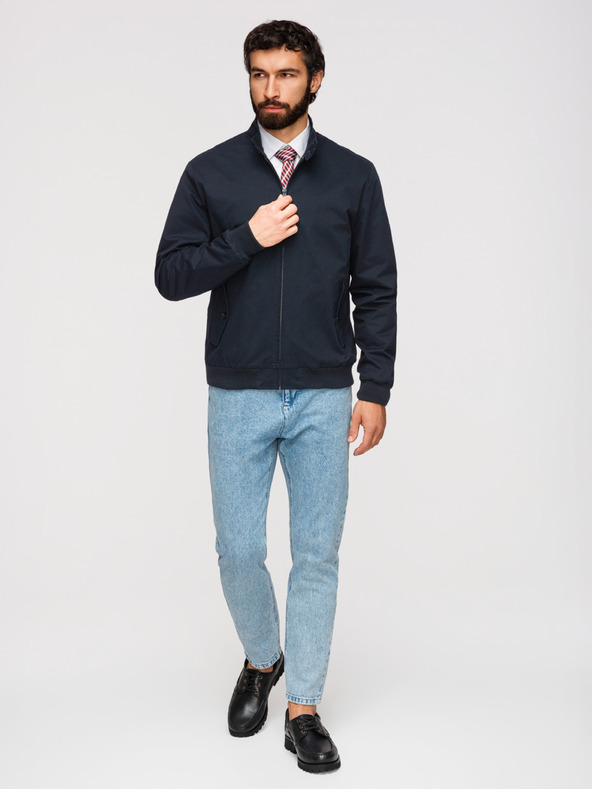 Ombre Clothing Pánska bunda Harrington so stojačekom a kockovanou podšívkou - tmavo modrá V2 OM-JANP-0326 Ombre Clothing