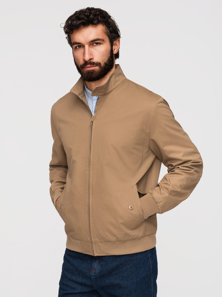 Ombre Clothing Pánska bunda Harrington so stojačekom a kockovanou podšívkou - svetlo hnedá V5 OM-JANP-0326 Ombre Clothing