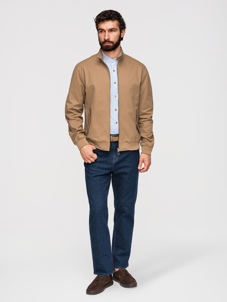 Ombre Clothing Pánska bunda Harrington so stojačekom a kockovanou podšívkou - svetlo hnedá V5 OM-JANP-0326 Ombre Clothing