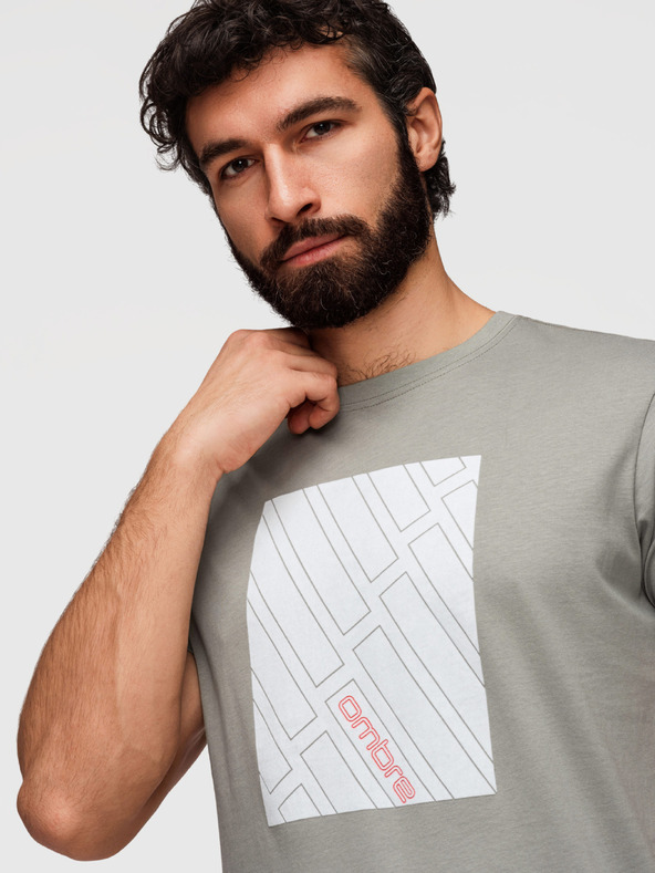 Ombre Clothing Pánske bavlnené tričko s geometrickým potlačou - sivé V3 OM-TSPT-0259 Ombre Clothing