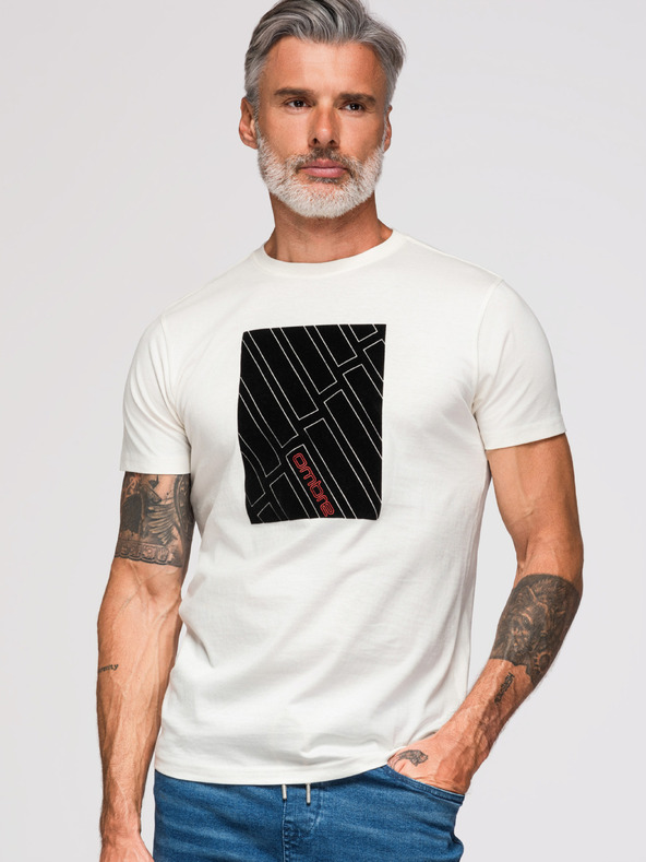 Ombre Clothing Pánske bavlnené tričko s geometrickým potlačou - biele V1 OM-TSPT-0259 Ombre Clothing
