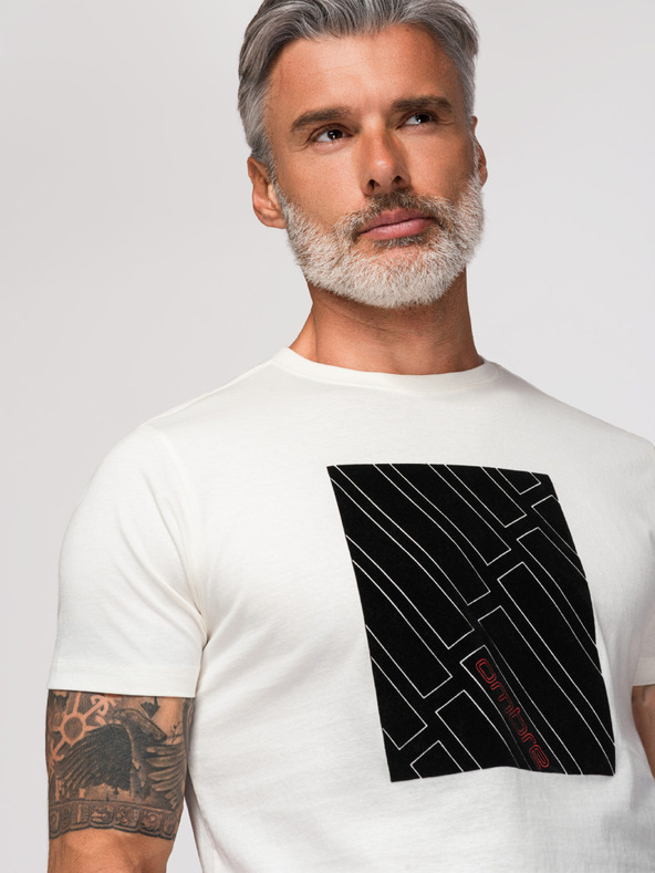 Ombre Clothing Pánske bavlnené tričko s geometrickým potlačou - biele V1 OM-TSPT-0259 Ombre Clothing