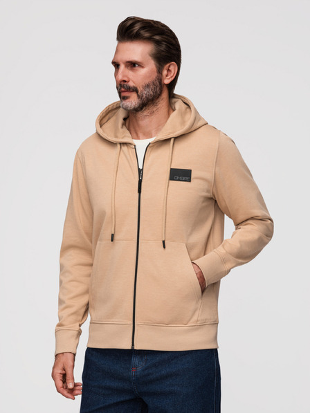 Ombre Clothing Pánska mikina na zips s kapucňou a nášivkou - sand V2 OM-SSZP-0256 Ombre Clothing