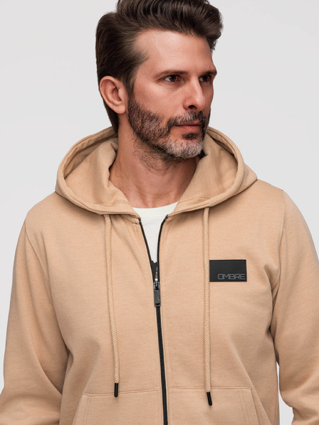 Ombre Clothing Pánska mikina na zips s kapucňou a nášivkou - sand V2 OM-SSZP-0256 Ombre Clothing