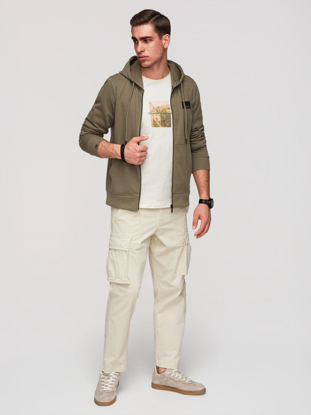 Ombre Clothing Pánska mikina bez gombíkov s kapucňou a nášivkou - olivová V4 OM-SSZP-0256 Ombre Clothing