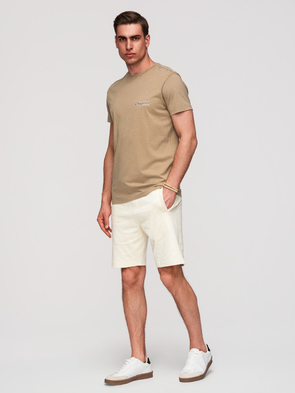 Ombre Clothing Pánske bavlnené šortky s lemom a vreckami - krémové V12 OM-SRBS-0205 Ombre Clothing