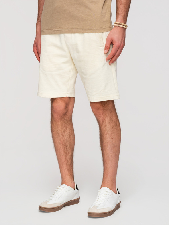 Ombre Clothing Pánske bavlnené šortky s lemom a vreckami - krémové V12 OM-SRBS-0205 Ombre Clothing