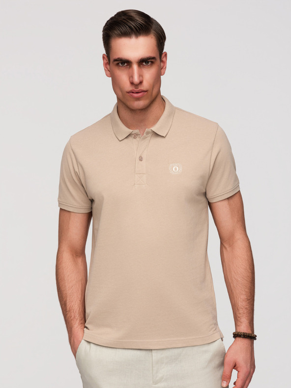 Ombre Clothing Pánska bavlnená polokošeľa BASIC - biela/biela/svetlo hnedá V6 OM-POBS-0171 Ombre Clothing