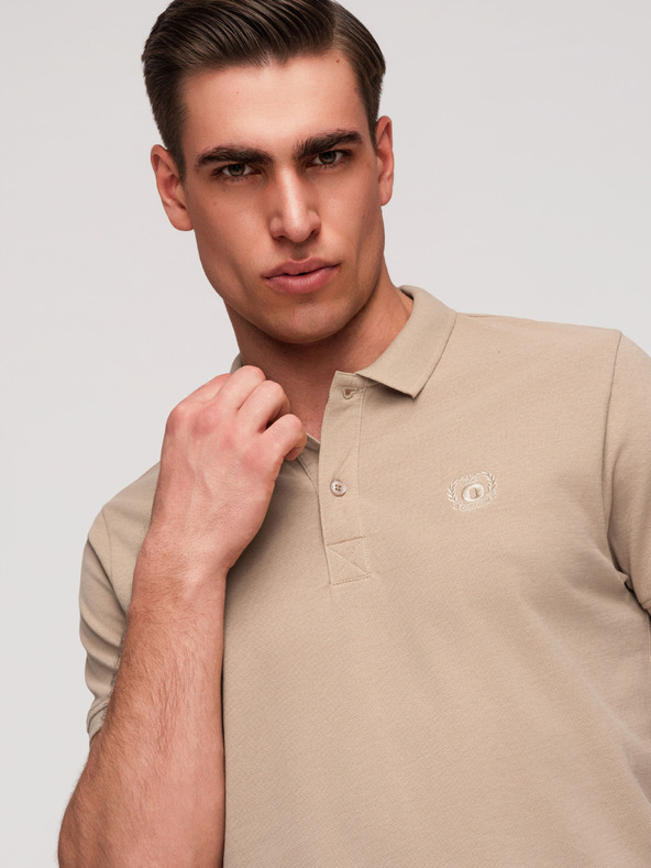 Ombre Clothing Pánska bavlnená polokošeľa BASIC - biela/biela/svetlo hnedá V6 OM-POBS-0171 Ombre Clothing