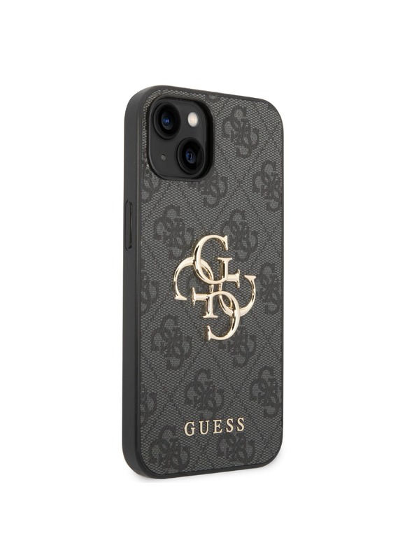 Guess Guess PU 4G kovové logo zadný kryt pre iPhone 15 sivý