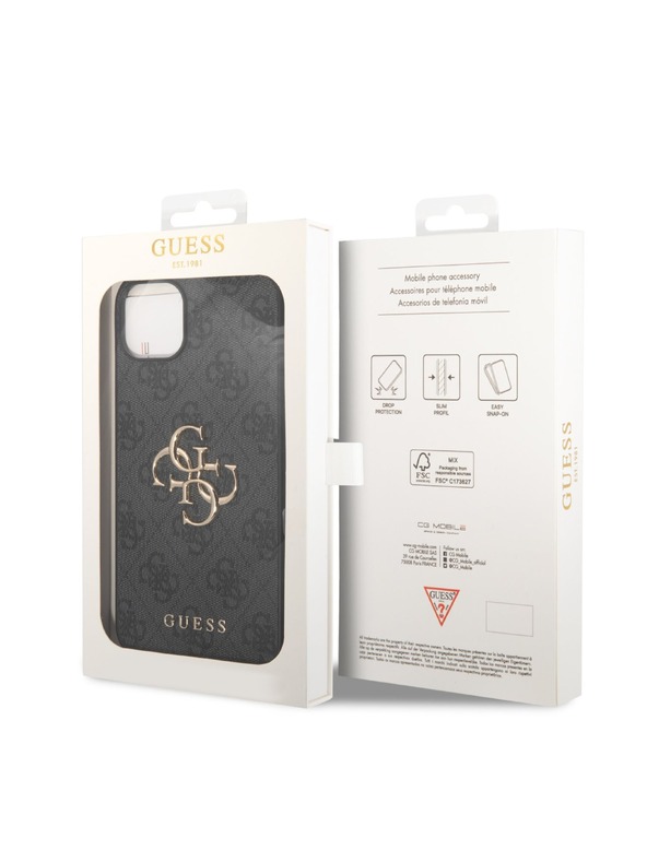 Guess Guess PU 4G kovové logo zadný kryt pre iPhone 15 sivý