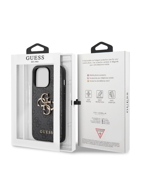 Guess Guess PU 4G kovový zadný kryt s logom pre iPhone 13 Pro Max Grey