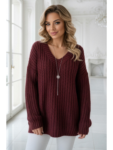 numoco basic Teplý oversized sveter s hustou tkaninou a výstrihom do V - vínový