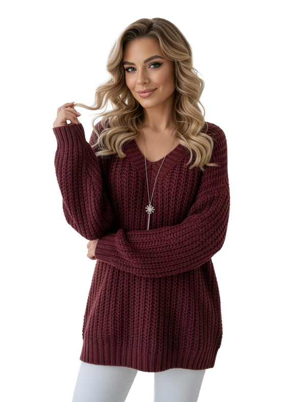 numoco basic Teplý oversized sveter s hustou tkaninou a výstrihom do V - vínový