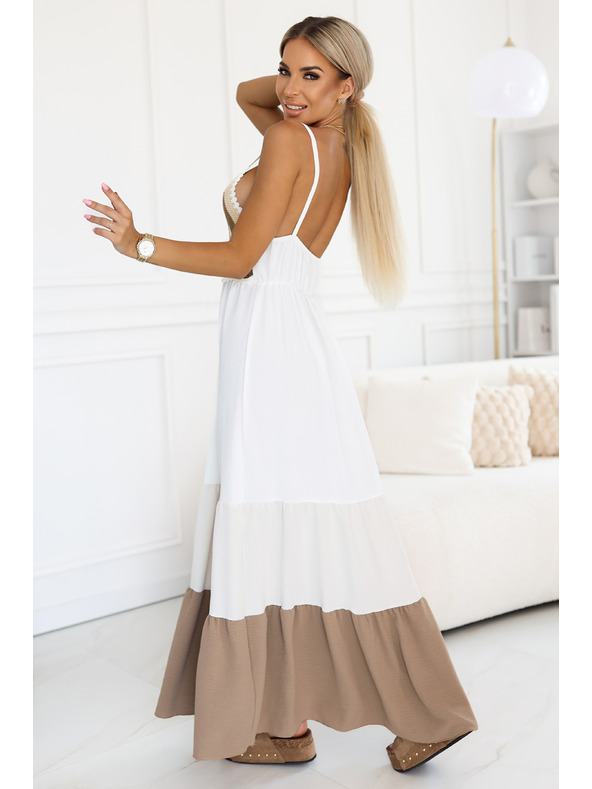 numoco basic Dlhé béžovo-biele šaty bez ramienok s háčkovaným topom - boho