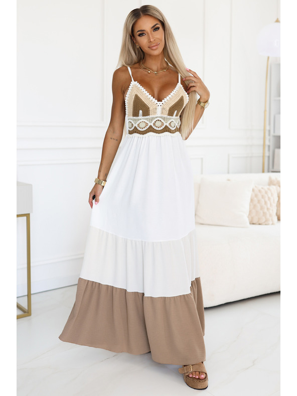 numoco basic Dlhé béžovo-biele šaty bez ramienok s háčkovaným topom - boho