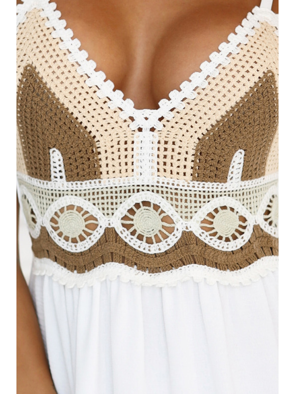 numoco basic Dlhé béžovo-biele šaty bez ramienok s háčkovaným topom - boho