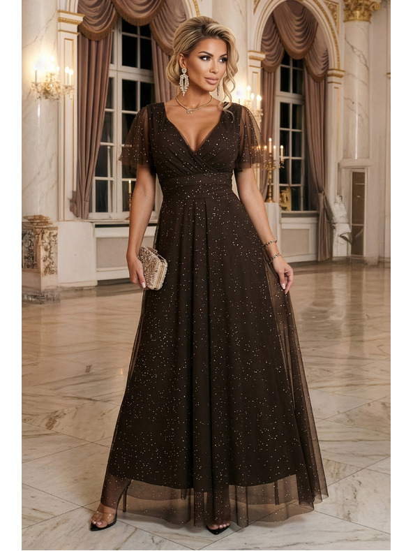 numoco basic MELANIA dlhé, lesklé šaty s výstrihom a krátkymi rukávmi - čokoládové