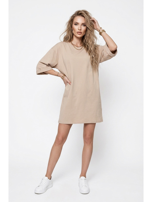 numoco basic Voľné oversized šaty z bavlny s krátkym rukávom - béžové