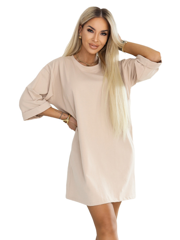 numoco basic Voľné oversized šaty z bavlny s krátkym rukávom - béžové