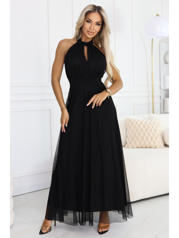 numoco basic Elegantné večerné maxi šaty halter s tylom a viazaním v pase - čierne