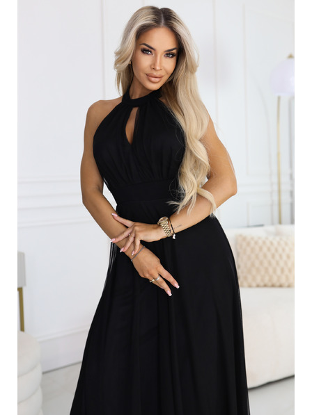 numoco basic Elegantné večerné maxi šaty halter s tylom a viazaním v pase - čierne