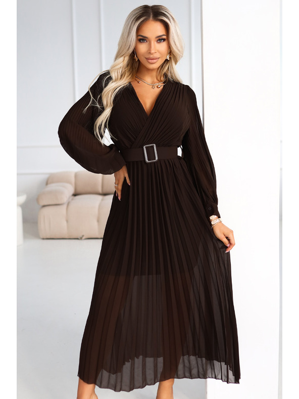 numoco basic KLARA Elegantné skladané midi šaty s pásom a výstrihom - čokoládová