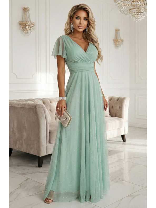 numoco basic MELANIA Dlhé lesklé šaty s výstrihom a krátkym rukávom - pistáciová