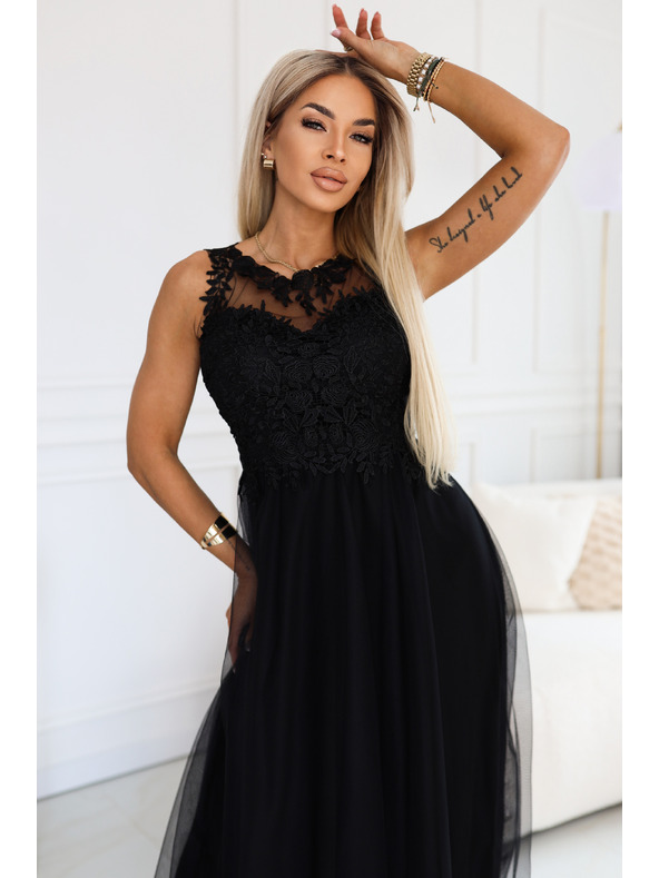 numoco basic Romantické maxi šaty s vyšívanou čipkou a tylom - čierne