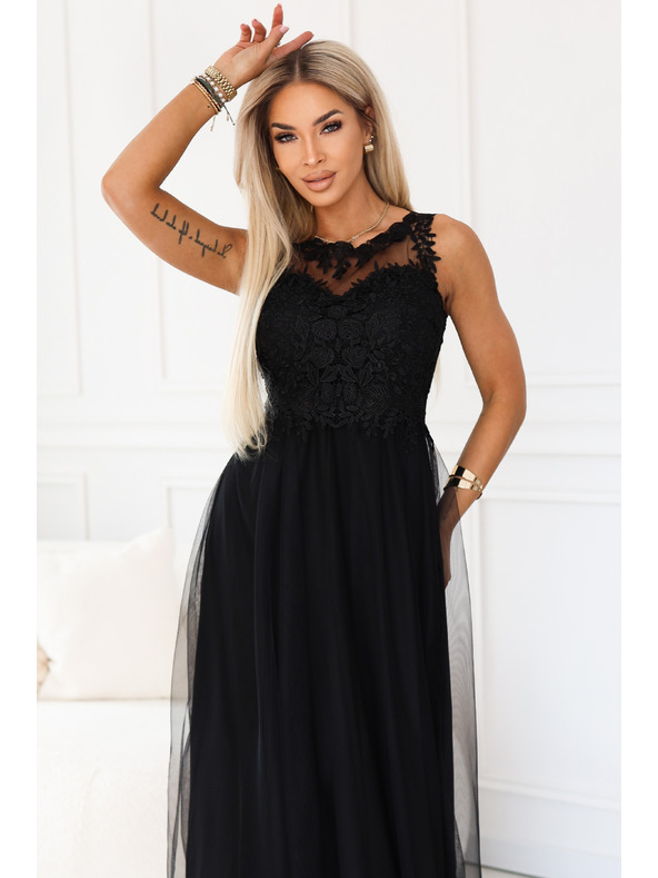 numoco basic Romantické maxi šaty s vyšívanou čipkou a tylom - čierne