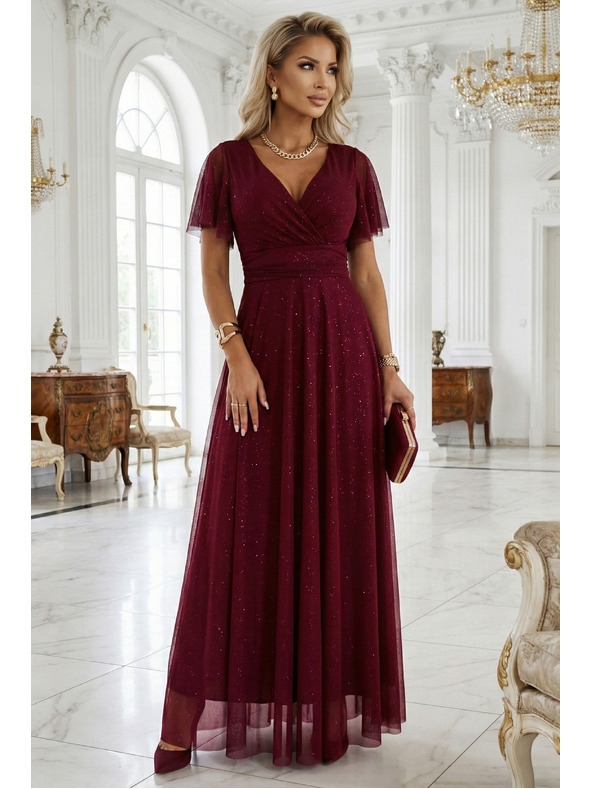 numoco basic MELANIA dlhé, lesklé šaty s výstrihom a krátkymi rukávmi - vínová