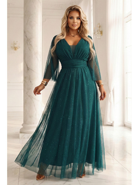numoco Dlhé, trblietavé šaty plus size s okrúhlym výstrihom a priehľadnými rukávmi - fľaškovozlená