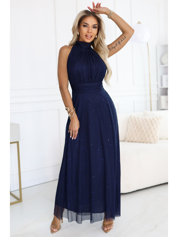 numoco VERONICA luxusné dlhé šaty s brokátovým akcentom a elegantným strihom - tmavo modré