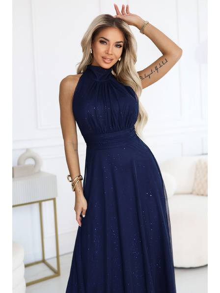 numoco VERONICA luxusné dlhé šaty s brokátovým akcentom a elegantným strihom - tmavo modré