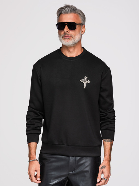 Ombre Clothing Pánska mikina s aplikáciou kríža a strieborným kameňom a okrúhlym výstrihom - čierna V1 OM-SSNZ-0271 Ombre Clothing