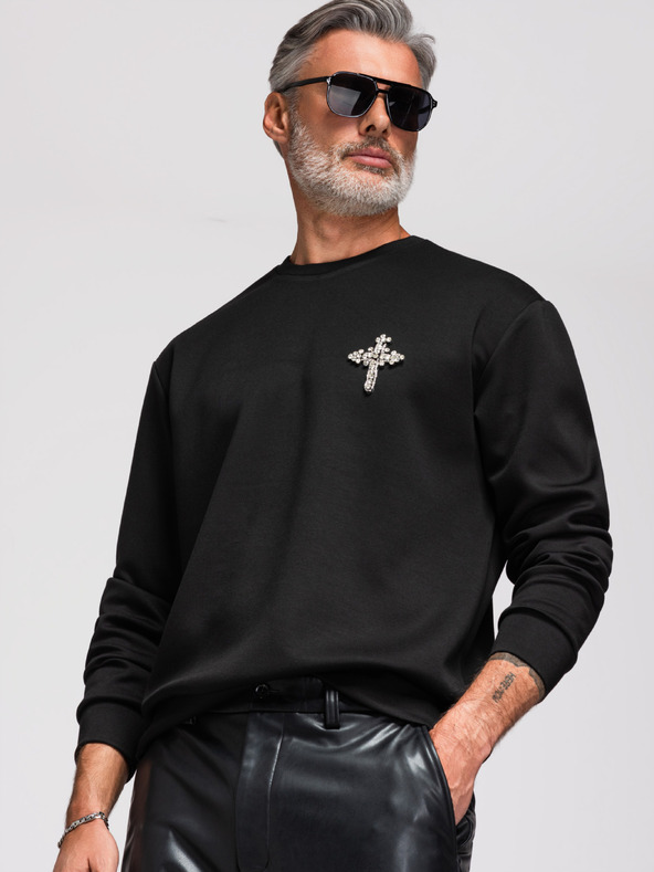 Ombre Clothing Pánska mikina s aplikáciou kríža a strieborným kameňom a okrúhlym výstrihom - čierna V1 OM-SSNZ-0271 Ombre Clothing