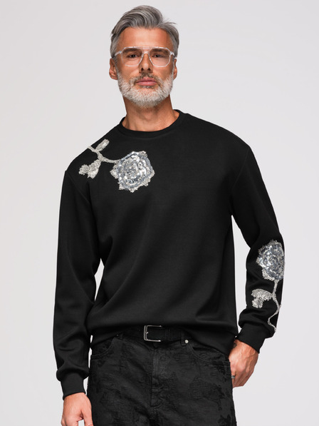 Ombre Clothing Pánska mikina s aplikáciami ruží zo strieborných flitrů a korálkov s okrúhlym výstrihom - čierna V1 OM-SSNZ-0272 Ombre Clothing