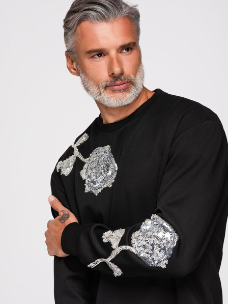 Ombre Clothing Pánska mikina s aplikáciami ruží zo strieborných flitrů a korálkov s okrúhlym výstrihom - čierna V1 OM-SSNZ-0272 Ombre Clothing