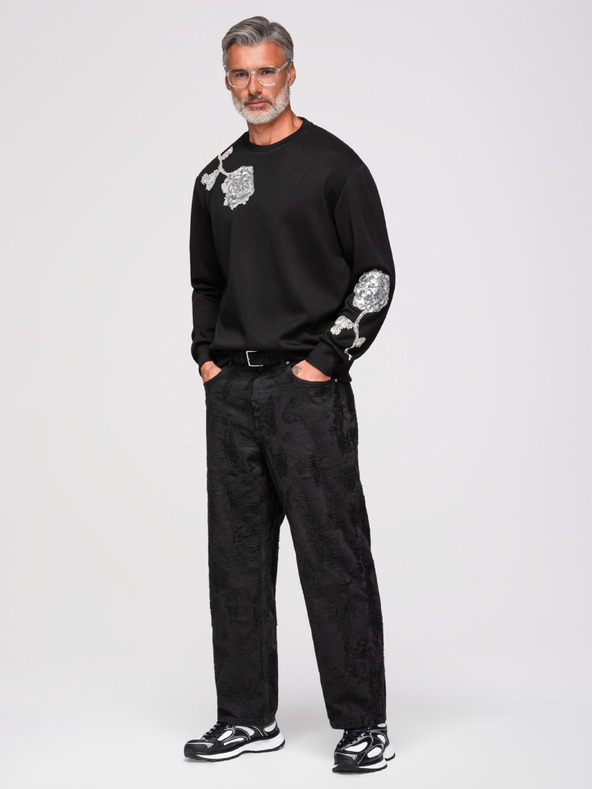 Ombre Clothing Pánska mikina s aplikáciami ruží zo strieborných flitrů a korálkov s okrúhlym výstrihom - čierna V1 OM-SSNZ-0272 Ombre Clothing