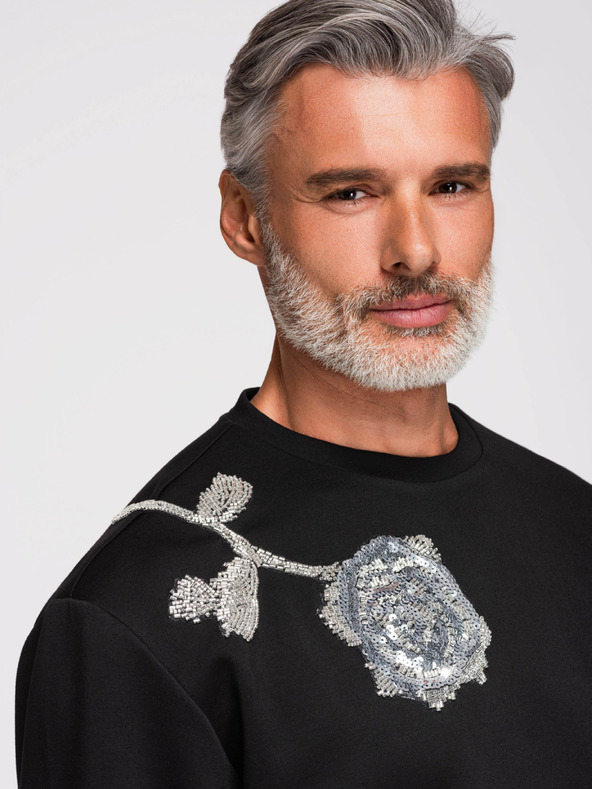 Ombre Clothing Pánska mikina s aplikáciami ruží zo strieborných flitrů a korálkov s okrúhlym výstrihom - čierna V1 OM-SSNZ-0272 Ombre Clothing