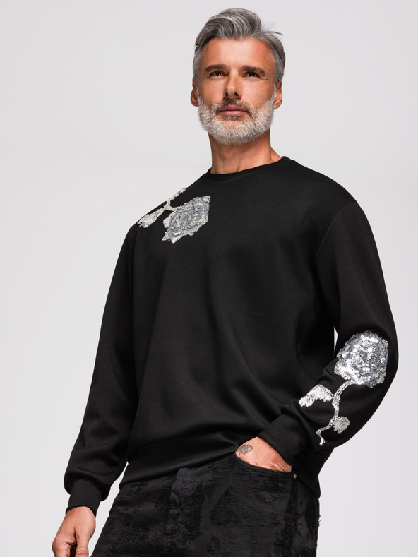 Ombre Clothing Pánska mikina s aplikáciami ruží zo strieborných flitrů a korálkov s okrúhlym výstrihom - čierna V1 OM-SSNZ-0272 Ombre Clothing