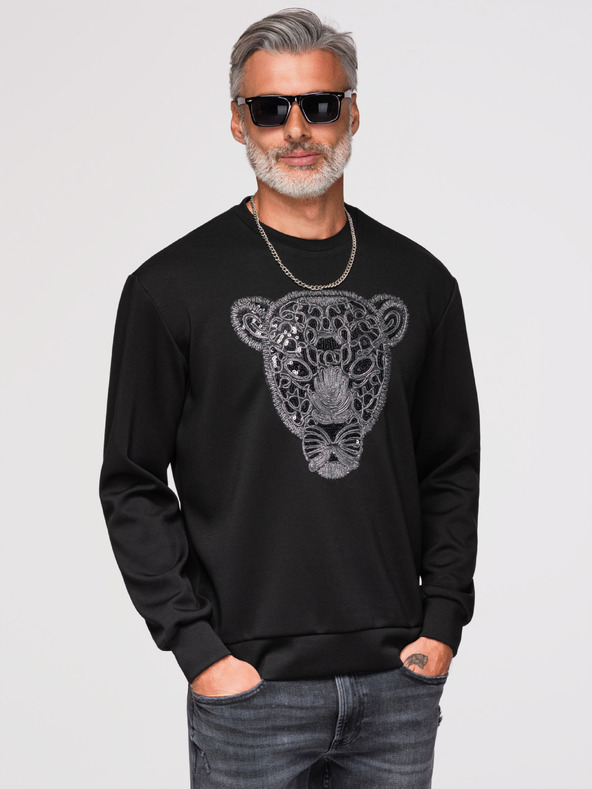 Ombre Clothing Pánska mikina so striebornou a čiernou aplikáciou pantera na hrudi s okrúhlym výstrihom - čierna V1 OM-SSNZ-0273 Ombre Clothing