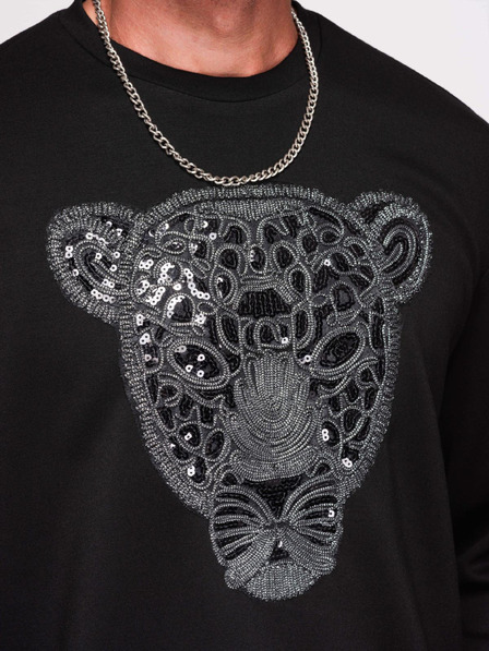 Ombre Clothing Pánska mikina so striebornou a čiernou aplikáciou pantera na hrudi s okrúhlym výstrihom - čierna V1 OM-SSNZ-0273 Ombre Clothing