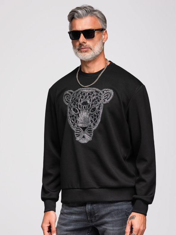 Ombre Clothing Pánska mikina so striebornou a čiernou aplikáciou pantera na hrudi s okrúhlym výstrihom - čierna V1 OM-SSNZ-0273 Ombre Clothing