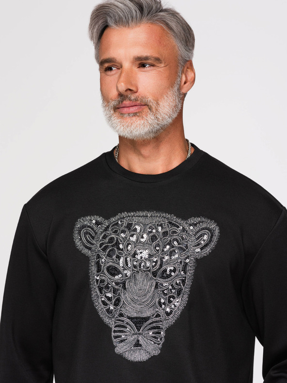 Ombre Clothing Pánska mikina so striebornou a čiernou aplikáciou pantera na hrudi s okrúhlym výstrihom - čierna V1 OM-SSNZ-0273 Ombre Clothing