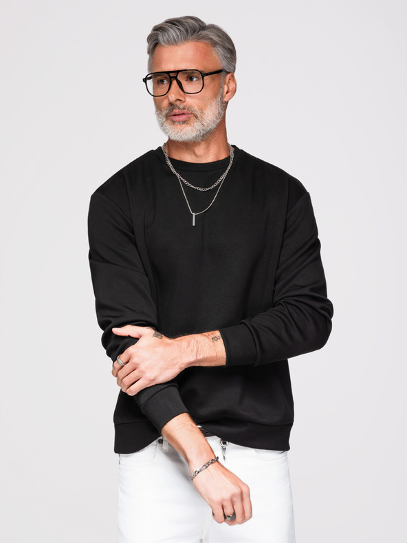 Ombre Clothing Pánska mikina so striebornou a čiernou aplikáciou pantera na chrbte s okrúhlym výstrihom - čierna V1 OM-SSNZ-0274 Ombre Clothing