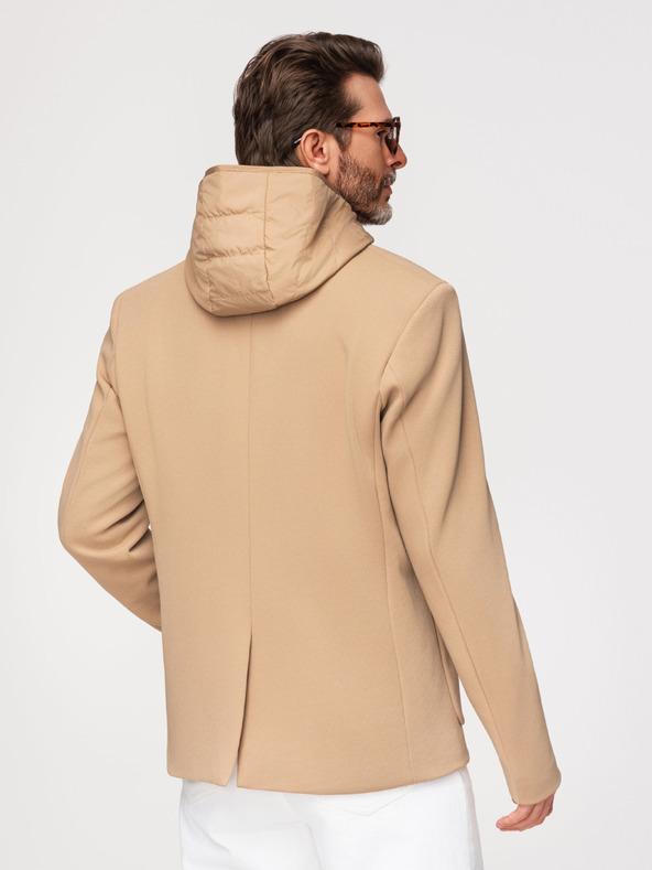 Ombre Clothing Pánska štruktúrovaná bunda s vysokým límcom a kapucňou - svetlě hnedá V1 M167 Ombre Clothing