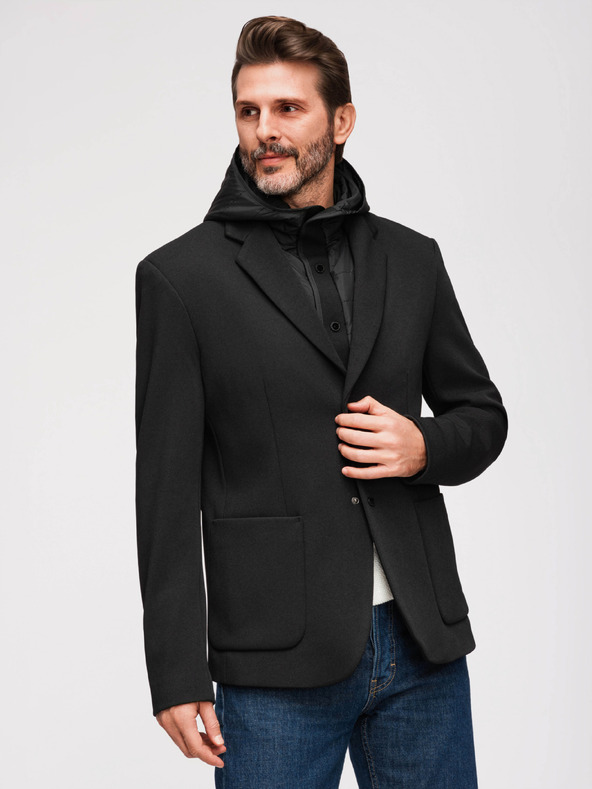 Ombre Clothing Pánska štruktúrovaná bunda s vysokým límcom a kapucňou - čierna V2 M167 Ombre Clothing